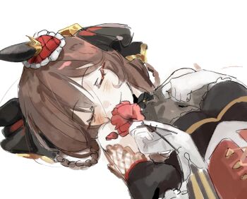 1girl animal_ears blush braid braided_hair_rings breasts brown_hair ear_covers ear_ornament gentildonna_(regina_dei_fiori)_(umamusume) gentildonna_(umamusume) hair_between_eyes hair_ornament hair_rings heart-shaped_ornament heart_ear_ornament highres horse_ears horse_girl long_hair pek0_ww see-through_cleavage see-through_clothes simple_background single_ear_cover smile solo umamusume white_background