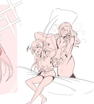 >_< 2girls afterimage anger_vein bang_dream! bang_dream!_it's_mygo!!!!! bare_legs blush chihaya_anon commentary dress faceless faceless_female fang floating_hair hitting holding holding_pillow hood hood_down hoodie long_hair long_sleeves monochrome multiple_girls nagasaki_soyo open_mouth pillow sidelocks three-quarter_sleeves tin_g