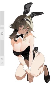 Rule 34 | 1girl, alternate costume, animal ears, art program in frame, bare shoulders, black bow, black bowtie, black hairband, black shoes, bow, bowtie, breasts, brown hair, chinese commentary, cleavage, collar, commentary request, detached collar, fake animal ears, fake tail, glass, grey eyes, hairband, highres, honkai (series), honkai impact 3rd, lanqueanqi, large breasts, looking at viewer, medium hair, playboy bunny, rabbit ears, rabbit tail, round eyewear, shoes, simple background, solo, squatting, tail, thighs, unfinished, vill-v, white background, white collar, wrist cuffs