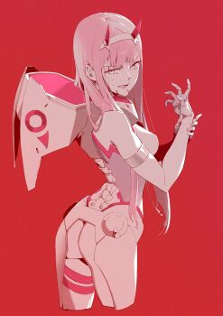 1girl ass blood blood_on_face bodysuit breasts cropped_legs darling_in_the_franxx everysketch002 from_behind hairband highres horns long_hair looking_at_viewer looking_back mecha_pilot_suit medium_breasts open_mouth pink_hair red_background red_horns simple_background solo very_long_hair white_bodysuit white_hairband zero_two_(darling_in_the_franxx)
