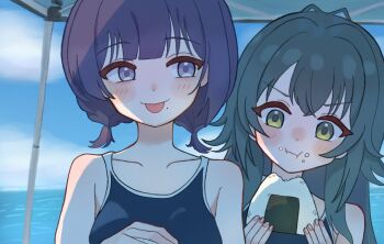 :i :p antenna_hair blue_one-piece_swimsuit collarbone commentary eating fingernails food food_on_face gakuen_idolmaster green_hair hair_flaps hataya_misuzu highres holding holding_food idolmaster mole mole_under_mouth one-piece_swimsuit outdoors purple_hair school_uniform short_twintails sideways_glance straight_hair swimsuit tongue tongue_out tsukimura_temari tsune_(tsuneniarazu) twintails upper_body