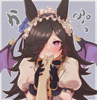 1girl 1other animal_ears biting_another's_finger black_gloves black_hair fang flying_sweatdrops gloves grey_background hair_over_one_eye highres horse_ears horse_girl konntena long_hair official_alternate_costume puffy_short_sleeves puffy_sleeves purple_eyes rice_shower_(umamusume) rice_shower_(vampire_makeover!)_(umamusume) short_sleeves simple_background skin_fang solo_focus umamusume upper_body wings