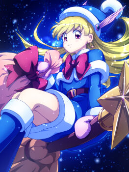 Rule 34 | 1girl, akazukin chacha, belt, blonde hair, blue boots, blue capelet, blue dress, blue hat, boots, bow, broom, broom riding, brown belt, capelet, christmas, closed mouth, commentary request, dress, earrings, feet out of frame, hat, highres, holding, holding sack, jewelry, knee boots, long hair, looking at viewer, magical girl, magical princess, mimimix, mittens, night, outdoors, pink mittens, red bow, red eyes, sack, santa hat, sidesaddle, sitting, sky, smile, solo, star (sky), star (symbol), star earrings, starry sky, wing hat ornament