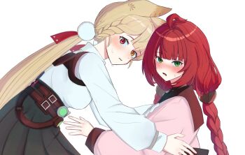 2girls alice_thymefield animal_ear_fluff animal_ears belt black_sailor_collar blush braid braided_twintails cardigan chest_bow es030103010301 from_side green_eyes green_skirt hair_ornament hashtag-only_commentary heterochromia highres imminent_hug long_hair looking_at_viewer multiple_girls open_mouth pink_cardigan rabbit_ears rabbit_girl red_eyes red_hair sailor_collar shirt simple_background skirt sphere_hair_ornament sweat twintails ukinami_yuzuha white_background white_shirt yellow_eyes yuri zenless_zone_zero