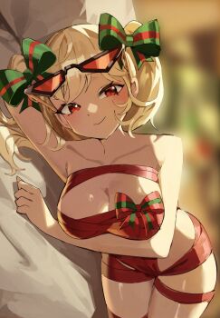 1girl alternate_costume arm_up bare_shoulders black-framed_eyewear blonde_hair blurry blurry_background bow breasts burnice_white closed_mouth collarbone commentary cowboy_shot eyewear_on_head green_bow hair_bow highres large_breasts looking_at_viewer lying naked_ribbon on_bed on_side ppangchil red-tinted_eyewear red_eyes red_ribbon ribbon short_twintails smile solo sunglasses tinted_eyewear twintails zenless_zone_zero