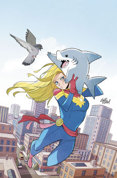 1girl bird blonde_hair blue_eyes boots building captain_marvel_(marvel) car carol_danvers carrying city comic_cover commentary_request creature day flying gills gloves gurihiru highres jeff_(marvel) long_hair looking_at_creature marvel motor_vehicle official_art pigeon red_boots red_gloves red_sash road sash shark sharp_teeth signature sky street superhero_costume teeth white_sky