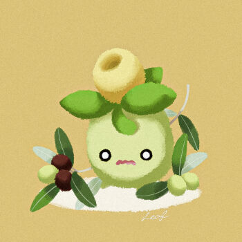 animal_focus artist_name black_eyes bright_pupils full_body leaf leaf_(pixiv17652941) nintendo no_humans olive open_mouth pokemon pokemon_(creature) signature simple_background smoliv solo wavy_mouth white_pupils yellow_eyes