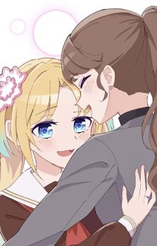 2girls ^_^ blonde_hair blue_eyes blue_hair blush brown_dress brown_hair closed_eyes commentary_request curtained_hair dress earrings facing_another fang flower fujishima_megumi fujishima_megumi_(post-graduation) hair_flower hair_ornament hasu_no_sora_school_uniform heart heart_earrings heart_ring highres hisaka hug jewelry link!_like!_love_live! long_hair long_sleeves love_live! multiple_girls neckerchief osawa_rurino parted_bangs pink_flower ponytail profile red_neckerchief ring sailor_collar sailor_dress school_uniform skin_fang twintails virtual_youtuber wedding_ring white_sailor_collar winter_uniform yuri