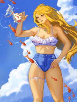 1girl bare_arms bare_shoulders bikini bikini_top_only blonde_hair breasts brown_hair chest_jewel cleavage cloud cloudy_sky commentary cowboy_shot denim denim_shorts earrings fish frilled_bikini frills goldfish hand_on_own_hip highleg highres jewelry leg_ribbon light_smile long_hair medium_breasts midriff mythra_(xenoblade) parted_lips patreon_username ribbon ripples shorts signature sky solo swimsuit thigh_ribbon thighs wei_(promise_0820) xenoblade_chronicles_(series) xenoblade_chronicles_2