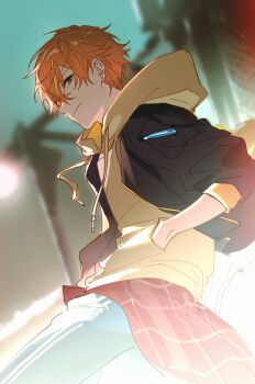 Rule 34 | 1boy, black jacket, blue pants, blurry, cardigan, cardigan around waist, closed mouth, clothes around waist, cowboy shot, depth of field, ear piercing, expressionless, from side, green eyes, hair between eyes, hand in pocket, hashtag-only commentary, highres, hood, hood down, hoodie, jacket, lamppost, looking at viewer, male focus, migan, multicolored hair, open clothes, open jacket, orange hair, outdoors, pants, piercing, project sekai, shinonome akito, short hair, sideways glance, solo, streaked hair, underlighting, wind, yellow hoodie