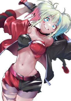 1girl bare_shoulders baseball_bat belt black_jacket blonde_hair blue_eyes breasts closed_mouth commentary dc_comics facial_tattoo grin harley_quinn harley_quinn_(suicide_squad_isekai) heart heart_tattoo highres holding holding_baseball_bat jacket looking_at_viewer medium_breasts midriff multicolored_hair multicolored_jacket navel pantyhose pink_belt red_jacket shorts simple_background smile solo suicide_squad suicide_squad_isekai tattoo teeth torn_clothes torn_pantyhose torn_shorts twintails two-tone_jacket white_background yakuoyoso