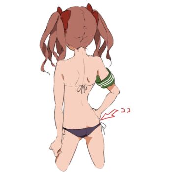 1girl armband ass back bikini black_bikini brown_hair butt_crack commentary_request cropped_legs facing_away flat_ass from_behind green_armband judgement_armband_(toaru) long_hair lowleg lowleg_bikini shirai_kuroko side-tie_bikini_bottom simple_background sketch solo swimsuit teruya_(6w6y) toaru_kagaku_no_railgun toaru_majutsu_no_index twintails white_background