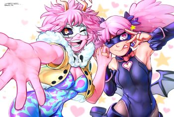2girls ;p armpits ashido_mina bat_wings black_sclera boku_no_hero_academia bones_(company) breasts color_connection colored_sclera colored_skin cosplay curvy hair_color_connection haneyama_kazuho happy heart hhholic highres holding_hands horns jacket leotard leotard_under_clothes mask medium_breasts messy_hair multiple_girls one_eye_closed pants peace_symbol pink_eyes pink_hair pink_skin shounen_jump small_breasts smile star superhero_costume teeth tight_clothes tight_pants tongue tongue_out twintails v vigilante_-boku_no_hero_academia:_illegals- wide_hips wings wink yellow_eyes