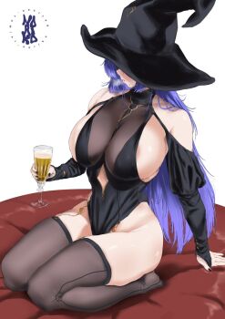 1girl areola_slip bare_shoulders black_dress black_hat black_nails black_thighhighs breasts commentary commission cup dress english_commentary gem hat hat_over_eyes highres holding holding_cup huge_breasts long_hair nail_polish no_panties noriko_(ni_noriko) original pelvic_curtain purple_hair red_gem sideboob simple_background solo thighhighs white_background witch witch_hat