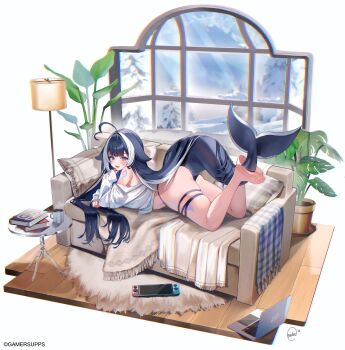 1girl absurdres ahoge barefoot black_hair body_markings book cetacean_tail commentary computer copyright_notice couch english_commentary facial_mark fins fish_tail gamer_supps highres indie_virtual_youtuber lamp laptop long_hair long_sleeves multicolored_hair nintendo_switch on_couch open_mouth orca_girl pillow plant potted_plant purple_eyes shirt shylily signature smile snow solo streaked_hair tail virtual_youtuber white_hair white_shirt window wooden_floor yuniiho