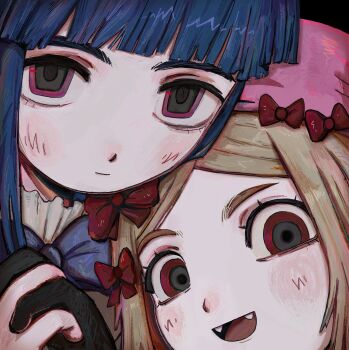 2girls absurdres black_background blue_hair blunt_bangs blush bow brown_hair commentary_request eyelashes fangs fffkorobka frederica_bernkastel hat highres holding_hands lambdadelta light_smile long_hair looking_at_viewer multiple_girls open_mouth pink_hat red_bow ringed_eyes umineko_no_naku_koro_ni