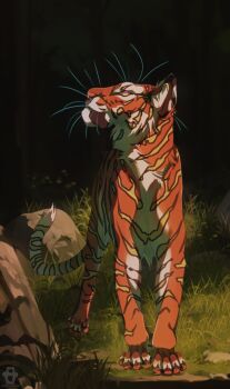 absurdres animal_focus anime_coloring blackscour blurry blurry_background claws commentary commentary_request depth_of_field forest grass highres nature no_humans original rock solo standing tiger tree