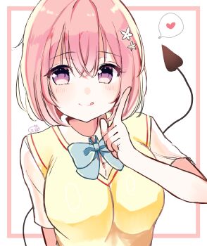 1girl absurdres arm_up bow bowtie breasts closed_mouth demon_tail hair_between_eyes heart highres looking_at_viewer medium_breasts momo_velia_deviluke pink_hair purple_eyes school_uniform shirt short_hair short_sleeves smile solo standing tail to_love-ru tongue tongue_out upper_body urara-owo vest yellow_vest