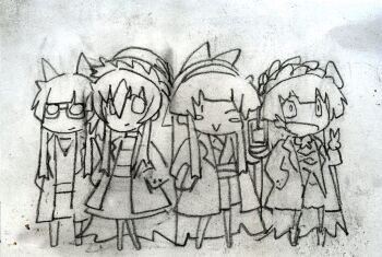 4girls ainu_clothes breasts chibi coat dot_eyes fingerless_gloves glasses gloves hair_ribbon highres legs long_hair looking_at_viewer monochrome multiple_girls nakoruru nomeno_mizuha one_eye_closed open_clothes open_coat open_mouth original pantyhose ribbon samurai_spirits sketch skirt small_breasts smile snk the_king_of_fighters thighs traditional_media v very_long_hair wink