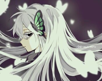 1girl black_dress breasts bug butterfly butterfly_hair_ornament closed_mouth colored_eyelashes dress echidna_(re:zero) expressionless glowing_butterfly green_butterfly hair_between_eyes hair_ornament imagine83 insect long_hair medium_breasts re:zero_kara_hajimeru_isekai_seikatsu signature simple_background solo solo_focus striped_clothes striped_dress vertical-striped_clothes vertical-striped_dress very_long_hair white_butterfly white_eyelashes white_hair witch