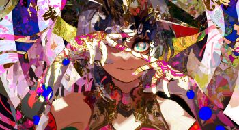 1girl abstract_background absurdres colorful commentary dark_skin english_commentary highres kevin_adi looking_at_viewer looking_through_fingers multicolored_eyes original smile solo upper_body