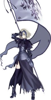 1girl absurdres armor armored_boots armored_dress battle_standard black_armor black_capelet black_collar black_dress black_thighhighs blonde_hair boobplate boots breastplate breasts capelet chain closed_mouth collar dress fate/grand_order fate_(series) flag full_body gauntlets hand_up headgear high_heels highres holding holding_flag jeanne_d&#039;arc_alter_(fate) looking_at_viewer medium_breasts non-web_source official_art one_eye_covered short_hair simple_background solo standing thighhighs torn_clothes torn_dress transparent_background war_flag yellow_eyes