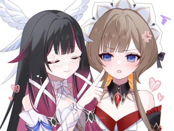 Rule 34 | 2girls, :o, anger vein, bare shoulders, black collar, black hair, blue eyes, blush, bow, closed eyes, closed mouth, collar, colored inner hair, columbina (genshin impact), commentary request, detached collar, detached sleeves, dot nose, dress, eye mask, frilled sleeves, frills, gem, genshin impact, hair ribbon, head wings, heart, highres, kino (curry pan), long hair, mask, multicolored hair, multiple girls, open mouth, pink hair, red gemstone, ribbon, sandrone (genshin impact), short hair with long locks, simple background, smile, strapless, strapless dress, two-tone hair, upper body, watermark, white background, white bow, white dress, white headdress, white ribbon, white wings, wings, yuri