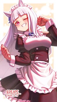 1girl animal_ears apron black_dress blunt_bangs blush bow breasts commentary_request creape dress ear_bow frilled_apron frills gold_ship_(umamusume) grey_hair grin highres horse_ears horse_girl juliet_sleeves large_breasts long_hair long_sleeves looking_at_viewer maid maid_apron maid_headdress one_eye_closed open_mouth puffy_sleeves purple_bow purple_eyes sleeve_cuffs smile solo teeth umamusume waist_apron white_apron white_headdress