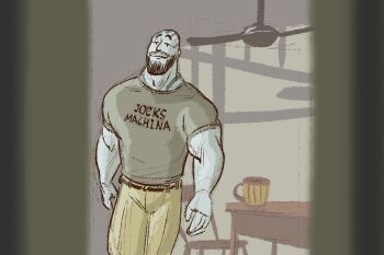 1boy alternate_costume bald beard blank_eyes blue_skin casual clothes_writing colored_skin critical_role djcrumrine dungeons_&amp;_dragons epic_handshake_(meme) facial_hair feet_out_of_frame grog_strongjaw head_tattoo large_pectorals looking_at_viewer male_focus meme parody pectorals raised_eyebrows shirt smug solo standing the_legend_of_vox_machina