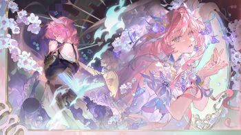 2girls aglaea_(honkai:_star_rail) bare_shoulders chinese_commentary cipher_(honkai:_star_rail) closed_eyes closed_mouth commentary_request cyrene_(aedes_elysiae)_(honkai:_star_rail) cyrene_(honkai:_star_rail) cyrene_(ripples_of_past_reverie)_(honkai:_star_rail) dress dual_persona flower hair_flower hair_ornament hands_up highres honkai:_star_rail honkai_(series) hyacine_(honkai:_star_rail) long_hair long_sleeves m_iumiu1224 medium_hair multiple_girls own_hands_clasped own_hands_together parted_lips pink_hair pink_nails praying tribbie_(honkai:_star_rail) very_long_hair watermark weibo_watermark white_dress