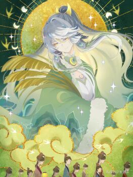 Rule 34 | 1girl, commentary request, crescent, dress, faceless, facial hair, genshin impact, goatee, high ponytail, highres, jade (gemstone), jewelry, long hair, long sleeves, miyoushe watermark, moon, moyu yinfu, multicolored hair, official alternate costume, ponytail, solo focus, sparkle, streaked hair, watermark, white hair, wide sleeves, xiangyun, yellow eyes, zibai (genshin impact)