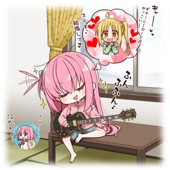 2girls ahoge barefoot blonde_hair blunt_bangs bocchi_the_rock! chibi chibi_inset chibi_only chika_(06chimika13) closed_eyes coffee_table commentary_request cube_hair_ornament curtains dog gotoh_futari gotoh_hitori grey_shorts guitar hair_ornament heart holding holding_guitar holding_instrument holding_plectrum ijichi_nijika indoors instrument jacket jimihen long_hair long_sleeves multiple_girls music open_mouth pink_hair pink_jacket playing_guitar playing_instrument plectrum red_eyes short_hair shorts side_ponytail sidelocks sitting sitting_on_table sparkle sparkling_eyes speech_bubble table thought_bubble track_jacket translation_request triangle_mouth window zipper zipper_pull_tab