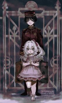 1boy 1girl aiguillette alternate_costume arms_at_sides bag behind_another black_eyes black_hair black_pants black_shoes blunt_ends bow colored_tips contemporary cross-shaped_pupils dress emblem english_text epaulettes expressionless eyelashes eyeliner eyeshadow foot_up formal_clothes frilled_dress frills full_body genshin_impact gold_trim green_eyes green_hair hair_between_eyes hair_bow hair_intakes hat height_difference highres holding holding_bag holding_suitcase interlocked_fingers jacket juliet_sleeves long_hair long_sleeves looking_at_viewer looking_down makeup mixed-language_text multicolored_hair muted_color nahida_(genshin_impact) name_tag open_mouth own_hands_together pants pink_bow pink_dress pink_sleeves puffy_sleeves red_eyeliner red_eyeshadow red_hat red_jacket red_sleeves scaramouche_(genshin_impact) shoes side_ponytail sidelocks snc_tozai suitcase symbol-shaped_pupils the_twilight_zone translation_request tsurime white_hair white_shoes