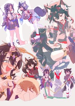 >_< 1boy 2girls :d absurdres ahoge anger_vein angry animal_ear_fluff animal_ears anklet azuma_douji_(mofumancer) bead_anklet bead_bracelet beads black_hair bracelet braid commission commissioner_upload crying daniel_rei6 detached_sleeves floral_print floral_print_kimono flower fox_ears fox_girl fox_statue fox_tail gold_tiara gold_wrist_cuffs gradient_sleeves grin hair_flower hair_ornament highres horns japanese_clothes jewelry katsumi_(mofumancer) kimono long_sidelocks multiple_girls non-web_source oni open_mouth original pointy_ears print_kimono red_eyes red_kimono second-party_source short_hair shortstack sidelocks single_braid skeb_commission smile smug statue sword sword_on_back tail thighhighs tiara weapon weapon_on_back white_background white_thighhighs wrist_cuffs