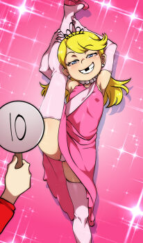 2girls :d armpits arms_up bare_shoulders black_tiara blonde_hair blue_eyes blush choker commentary covered_erect_nipples dress drop_shadow earrings elbow_gloves english_commentary foot_out_of_frame gloves grin hair_behind_ear half-closed_eyes holding holding_own_leg holding_sign jcm2 jewelry kneepits lola_loud loli long_hair long_sleeves looking_at_viewer lynn_loud medium_dress missing_tooth multiple_girls open_mouth panties pantyshot pearl_choker pink_background pink_dress pink_gloves pink_panties pink_shoes pink_thighhighs red_shirt shirt shoes siblings sign simple_background sisters sleeveless sleeveless_dress smile solo_focus sparkle sparkle_background split standing standing_on_one_leg standing_split stud_earrings swept_bangs the_loud_house thighhighs tiara underwear white_choker