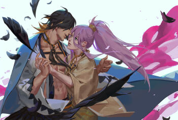 2boys bare_pectorals black_hair blue_eyes falling_feathers feathers hachisuka_kotetsu holding_hands imminent_kiss japanese_clothes long_hair looking_at_another male_focus multiple_boys nagasone_kotetsu navel ncww_rinichi open_mouth pectorals ponytail purple_hair sparse_stubble touken_ranbu white_background yaoi