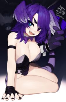 1girl animal_ears asymmetrical_arms black_leotard blue_eyes breasts cleavage dragon_girl dragon_tail fake_animal_ears hair_ornament head_wings heterochromia highres large_breasts leotard long_hair looking_at_viewer nijisanji nijisanji_en playboy_bunny purple_eyes purple_hair purple_wings rabbit_ears selen_tatsuki smile solo strapless strapless_leotard tail virtual_youtuber wings yoako