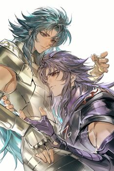 2boys absurdres armor blue_eyes blue_hair brothers closed_mouth cowboy_shot duoj_ji fingerless_gloves from_side gauntlets gemini_kanon gemini_saga gloves gold_armor gold_cloth gold_saint highres hug leaning_on_person long_hair looking_at_another male_focus multiple_boys pauldrons purple_armor purple_hair red_eyes saint_seiya shoulder_armor siblings twins twitter_username upper_body white_background