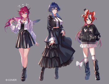 3girls animal_ears asymmetrical_wings belt black_belt black_boots black_dress black_jacket black_leg_warmers black_necktie black_streaks blue_eyes blue_hair boots bow breasts closed_mouth colored_inner_hair colored_tips copyright_name cropped_jacket cropped_shirt crystal_wings detached_wings double-parted_bangs double_halo dress earrings frilled_skirt frills full_body grey_background grin hair_between_eyes hair_intakes hakos_baelz halo hand_up hands_in_pockets heterochromia highres holocouncil hololive hololive_english horns irys_(hololive) jacket jewelry lace-up_boots large_breasts leg_warmers long_skirt looking_at_viewer medium_breasts medium_hair miniskirt mismatched_wings mouse_ears mouse_girl mouse_on_head mouse_tail mousetrap mr._squeaks_(hakos_baelz) multicolored_hair multiple_girls necklace necktie official_art open_mouth ouro_kronii over-kneehighs pink_eyes platform_shoes pointy_ears ponytail purple_hair red_hair red_streaks ryuko_lee shirt shoes sidelocks simple_background skirt smile star_halo tail tail_bow tail_ornament thighhighs two_side_up virtual_youtuber white_jacket white_shirt white_skirt white_streaks white_thighhighs wings wolf_cut