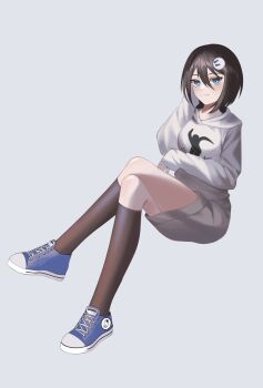 1girl absurdres black_hair blue_eyes blue_shoes blush bob_cut brown_socks commission commissioner_upload converse crossed_legs ever_aria good_looking_records grey_background grey_hoodie hair_between_eyes hair_ornament hairclip hand_on_own_face highres hood hoodie jungle-chan kneehighs light_smile long_hoodie looking_at_viewer moving_shadow non-web_source personification photek print_hairclip print_hoodie print_shoes shoes short_hair simple_background sitting smile socks solo