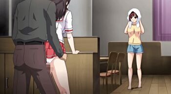 1boy 2girls animated animated_gif clothes_lift from_behind incest kamishiro_sakura kamishiro_shouhei kitchen multiple_girls panties pleated_skirt school_uniform shimozuru_nanami shorts skirt skirt_lift sneaky soshite_watashi_wa_ojisan_ni... stealth stealth_sex thigh_sex towel towel_on_head underwear