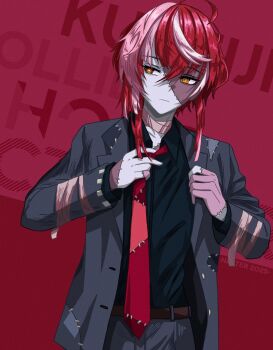 1boy ahoge belt dress_shirt formal_clothes genderswap genderswap_(ftm) heterochromia highres hololive hololive_indonesia kureiji_ollie multicolored_hair nasterro necktie patch pink_hair red_eyes red_hair shirt short_hair_with_long_locks solo stitches streaked_hair suit symbol-shaped_pupils virtual_youtuber yellow_eyes