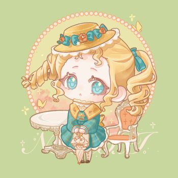 1girl :o animated animated_gif apron aqua_bow aqua_dress blinking blonde_hair blue_eyes bow brown_shoes bug butterfly chair chibi chinese_commentary classic_lolita closed_umbrella collared_dress commentary_request copyright_name curious dress drill_hair eyelashes floating_hair floral_print flower forehead frilled_dress frills green_background hair_bow hat hat_bow hat_flower holding holding_umbrella insect lace-trimmed_headwear lace_trim light_blush lolita_fashion long_hair long_sleeves looking_at_viewer looping_animation mary_janes medium_dress nikki_(series) open_mouth orange_flower pantyhose plaid_clothes plaid_dress print_dress print_pantyhose print_sailor_collar puffy_long_sleeves puffy_sleeves sailor_collar shining_nikki shoes sidelocks solo sparkle standing sunset_blossom_(shining_nikki) table tareme twin_drills twintails umbrella waist_apron white_apron white_pantyhose white_umbrella wind xiaoyu_qixing yellow_butterfly yellow_hat yellow_sailor_collar