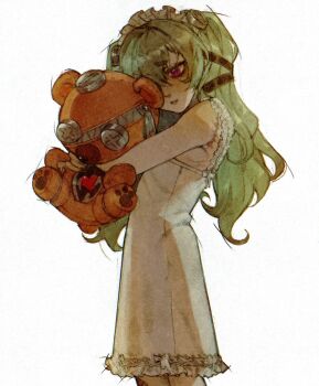 1girl alternate_costume bare_shoulders corin_wickes cowboy_shot from_side green_hair hashtag-only_commentary highres holding holding_stuffed_toy long_hair maid_headdress nightgown one_eye_covered parted_lips purple_eyes qurravis screw screw_hair_ornament simple_background solo stuffed_animal stuffed_toy teddy_bear twintails white_background white_nightgown zenless_zone_zero