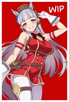 1girl aadka5 absurdres animal_ears blush bow breasts dress feet_out_of_frame gloves gold_ship_(umamusume) hat highres horse_ears horse_girl horse_tail large_breasts long_hair long_sleeves looking_at_viewer pantyhose purple_eyes red_background red_bow red_dress smile solo standing tail teeth umamusume unfinished white_gloves white_hair white_pantyhose