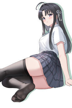 1girl absurdres awa_subaru black_hair blush feet girls_band_cry highres long_hair looking_at_viewer purple_eyes reiku09 see-through_clothes see-through_legwear soles thighhighs toes