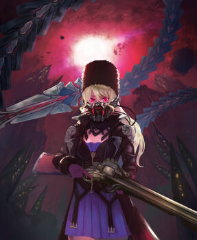 1girl blonde_hair breasts code_vein commentary_request female_focus fur_hat gloves gun hair_between_eyes hat highres holding holding_gun holding_weapon long_coat long_hair long_sleeves looking_at_viewer mask mia_karnstein mouth_mask outdoors papakha pink_gloves pinsket red_eyes rifle small_breasts solo tail weapon