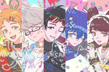 Rule 34 | 2girls, 3boys, adachi tooru, animal collar, black hair, blue hair, brown hair, cherry, chinese commentary, closed mouth, collar, column lineup, commentary request, food, fruit, grey hair, hair ornament, hairclip, hanamura yousuke, hat, kujikawa rise, maid headdress, multiple boys, multiple girls, musical note, narukami yu, open mouth, orange hair, persona, persona 4, rectangular eyewear, shirogane naoto, short hair, strawberry, tinted eyewear, twintails, yancc