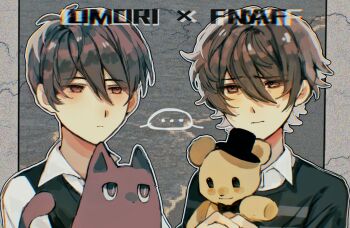 ... 2boys antenna_hair black_cat black_hair black_shirt black_sweater_vest breasts bright_pupils brown_eyes brown_hair cat character_request chinese_commentary chromatic_aberration cleavage collared_shirt commentary_request copyright_name crossover double-parted_bangs dream74993 expressionless film_grain five_nights_at_freddy&#039;s frown furrowed_brow grey_background hair_between_eyes half-closed_eyes hands_up holding holding_stuffed_toy male_focus mewo multiple_boys no_pupils omori outline outside_border pillarboxed shared_speech_bubble shirt short_hair simple_background slit_pupils speech_bubble spoken_ellipsis stuffed_animal stuffed_toy sunny_(omori) sweatdrop sweater_vest teddy_bear trait_connection very_short_hair white_outline white_pupils white_shirt