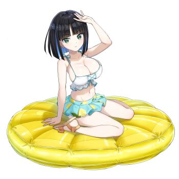 1girl arm_up bikini bikini_skirt black_hair blue_hair bob_cut breasts cleavage colored_inner_hair crosshair_pupils dolphin_wave eines_(dolphin_wave) floating floating_object food_print fruit_print game_cg green_eyes hand_on_ground highres large_breasts lemon_print looking_at_viewer multicolored_hair navel non-web_source official_art ootomo_takuji pale_skin pool_float sandals short_hair sitting solo swimsuit transparent_background